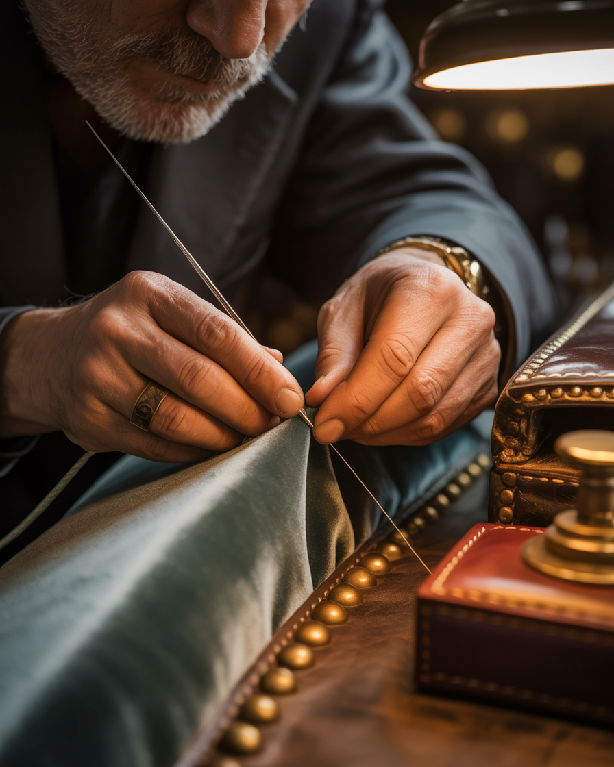 Expert craftsman at Cavehill Upholstery working on premium commercial furniture